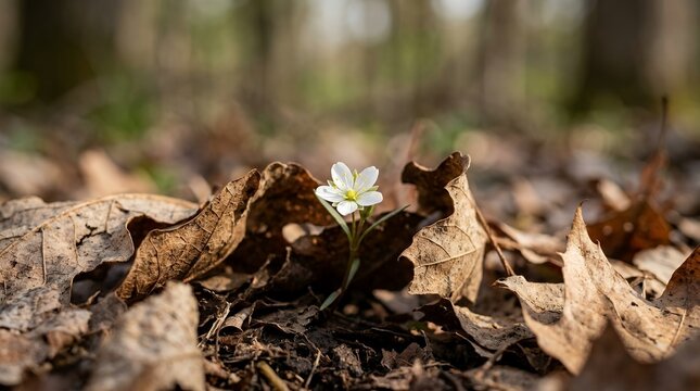 Beautiful small white wildflower blooming through dry brown fallen leaves on the forest floor in spring sunlight