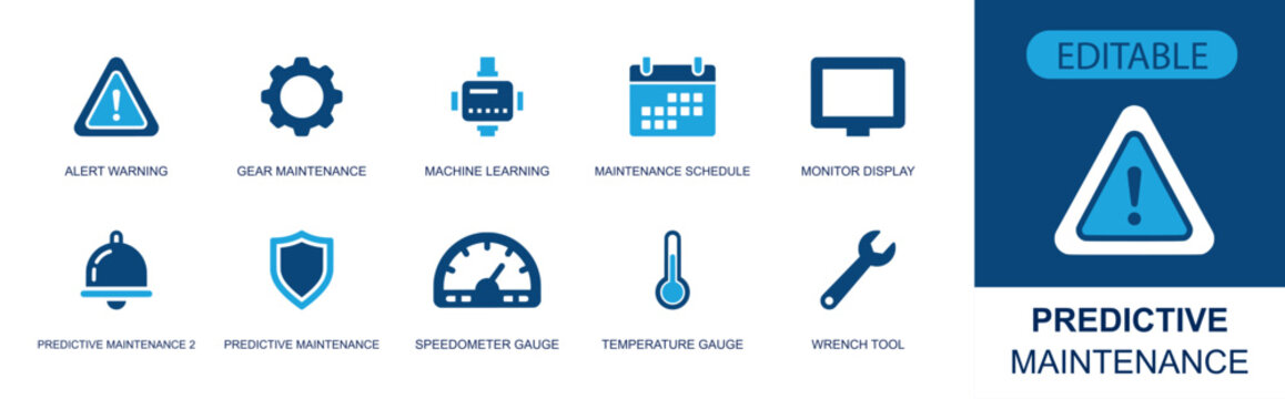 Predictive maintenance icon set. Containing warning sign, gear, machine learning, calendar, monitor, alarm, shield, speedometer, thermometer, wrench and more. Solid fill vector icons.