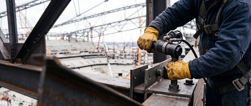 Construction worker tightening bolts on steel stadium framework with hydraulic torque wrench