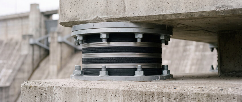 Close-up of elastomeric bridge bearing supporting concrete dam structure &mdash; structural engineering detail