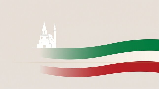 Republic Day of Tatarstan abstract background with green white red national colors, mosque silhouette, flowing waves and elegant copy space