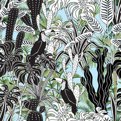 Naklejka premium Toucan in the jungle seamless pattern. Cactus, tropical plant, palm, banana tree wallpaper.