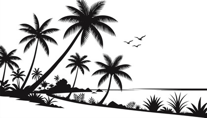 Fototapeta premium Vector illustration tropical beach landscape silhouette with palm trees and birds
