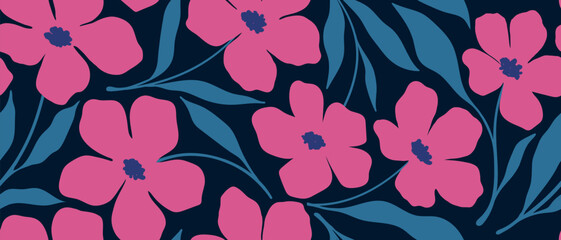Naklejka premium Leaves branch and Hand Drawn simple floral plants banner. seamless pattern. Creative minimalist Abstract art background. Design wall decoration, postcard, poster or brochure