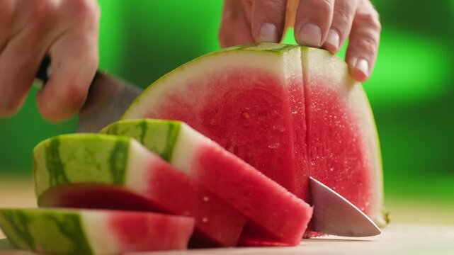Man cutting watermelon - cut piece with knife. Young watermelons Citrullus lanatus. Topic - melons and gourds, farmer cultivation of watermelons