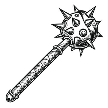 Vector illustration medieval mace weapon with spikes, black and white ink illustration