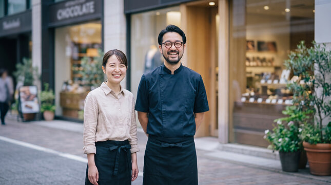 店舗の前で笑顔を見せる飲食店や洋菓子店のオーナー夫婦