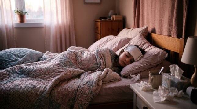 Child Sleeping With Fever And Cold Symptom Relief In Bed