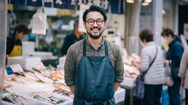 鮮魚店の店頭で笑顔を見せる男性店主と魚市場の風景