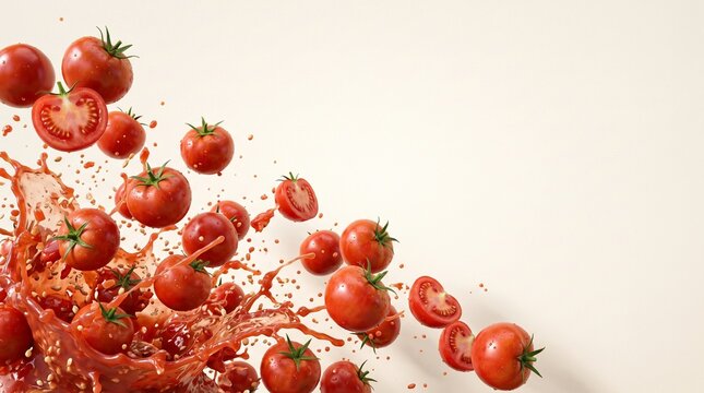 Pomodori rossi maturi che esplodono nel succo con schizzi dinamici su sfondo chiaro, concetto creativo della festa spagnola La Tomatina
