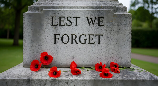 Lest We Forget Engraving on Stone Memorial with Red Poppies