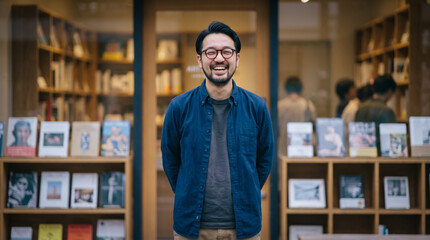 Fototapeta premium 書店やブックカフェの店頭で笑顔を見せる男性店主