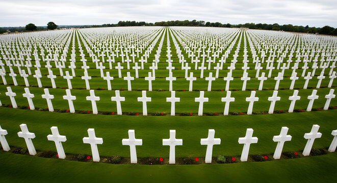 Rows of White Crosses with Poppies in Military Cemetery