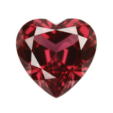 A large, heart-shaped ruby gemstone, brilliant-cut with vibrant red transparency and internal fire, isolated on a seamless transparent background, showcasing opulent preciousness