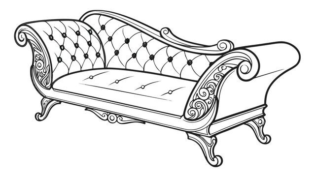 Vector illustration vintage tufted chaise lounge sofa with ornate wooden carvings