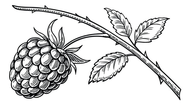 Vector illustration black and white handdrawn illustration of a raspberry branch with berries and leaves
