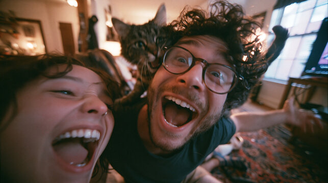 Excited Young Couple Taking Funny Selfie with Pet Cat at Home