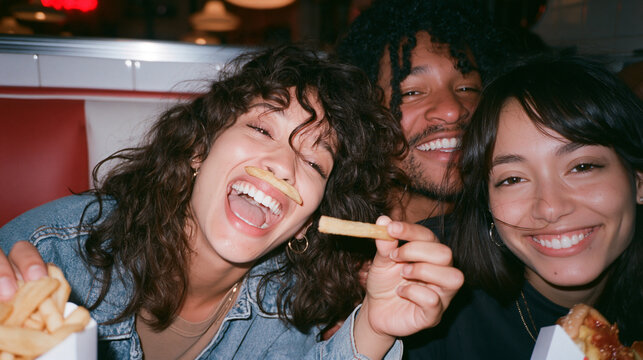Joyful Young Friends Having Fun Eating Fast Food in Diner