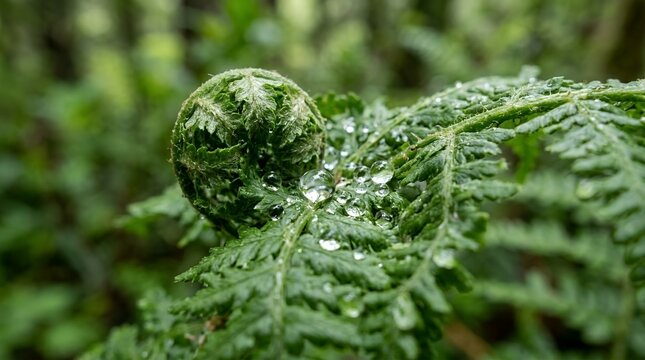 Macro Shot of a Young Green Fern Fiddlehead with Clear Water Droplets and Morning Dew in a Lush Forest