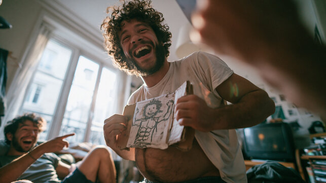 Joyful Young Man Laughing and Showing Funny Six Pack Drawing