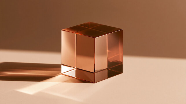 Copper Glass Geometric Cube with Sunlight Reflections and Shadow