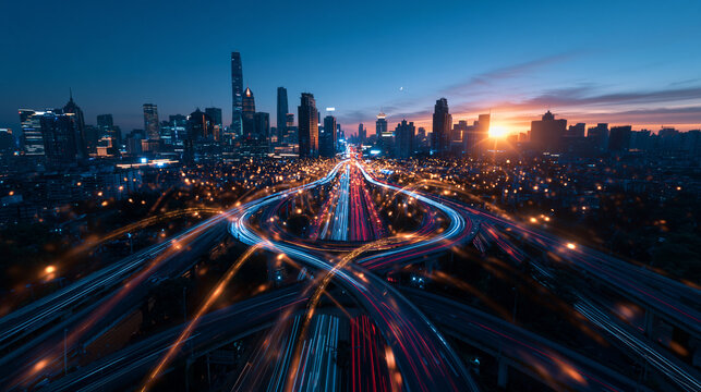 Smart City Highway Interchange with Traffic Light Trails at Sunset