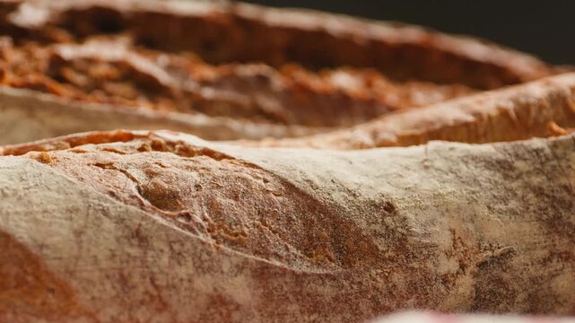 Bread assortment, mixed Spanish baguette loaves from Barcelona bakery, close-up macro shot showing crumb texture