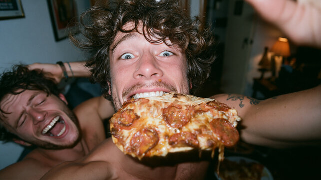 Excited Young Man Biting Pepperoni Pizza with Friend