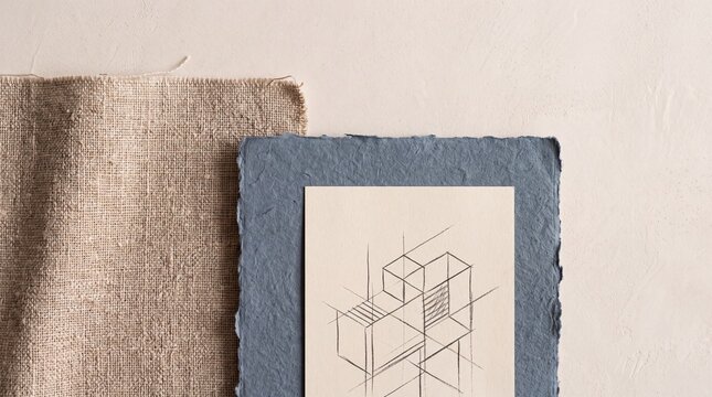 Architectural Drawing on Handmade Paper Beside Linen Texture
