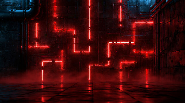 Futuristic Cyberpunk Industrial Room with Glowing Red Neon Lights