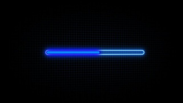 Glowing neon Status bar, process indicator from 0 to 100 increasing percentage, progress bar animation.Uploading,Download bar,update animation. grid background 4K stock video