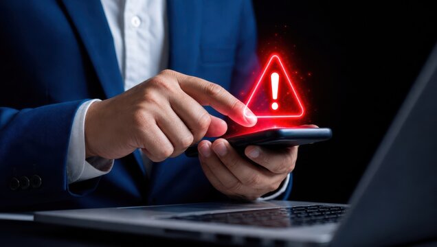 Businessman holding smartphone with red warning alert triangle hologram over laptop in dark office setting.