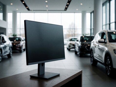 Blank computer monitor sits on wooden desk in car showroom. Empty screen display for mockup in modern dealership. Luxury auto cars parked inside bright spacious showroom with large windows. Digital