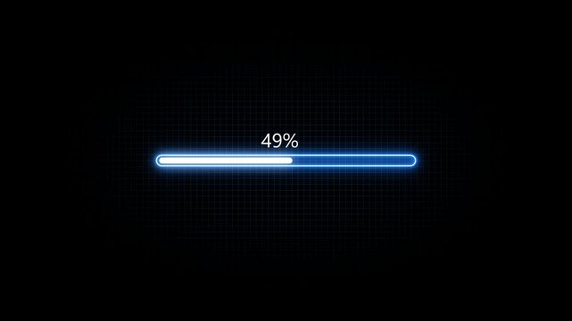 Glowing neon Status bar, process indicator from 0 to 100 increasing percentage, progress bar animation.Uploading,Download bar,update animation. grid background 4K stock video