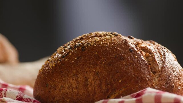 Bread assortment, mixed Spanish baguette loaves from Barcelona bakery, close-up macro shot showing crumb texture