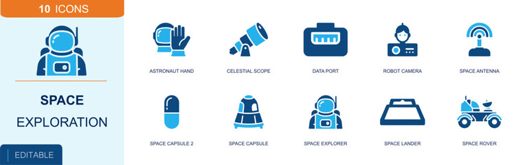 Space exploration icon set. Containing astronaut hand, celestial scope, data port, robot camera, space antenna, space capsule, explorer, lander, rover and more. Solid fill vector icons. © Master
