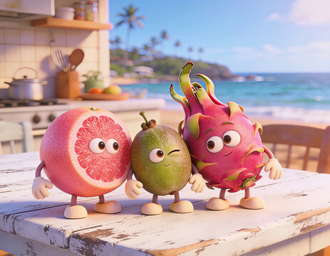 Three fruits with simple cartoon expressions standing together as playful symbols of freshness, wellness and natural healthy living, friendly companions for children