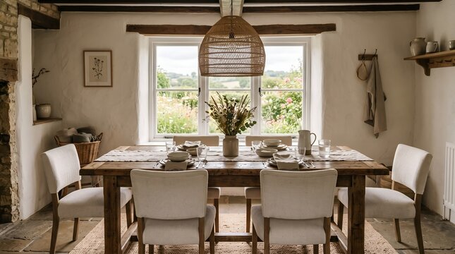 Rustic dining room interior with wooden table and chairs in a cozy farmhouse home setting