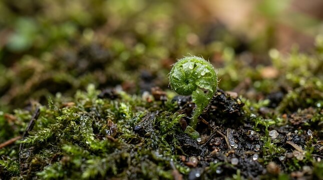 Close up of a Fresh Green Fern Sprout or Fiddlehead Growing from the Moist Mossy Soil in a Spring Forest Environment