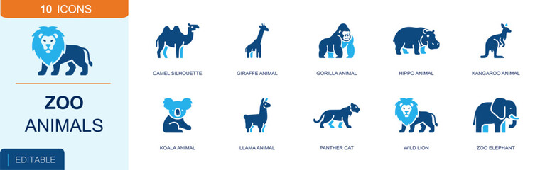 Naklejka premium Zoo animals icon set. Containing camel silhouette, giraffe, gorilla, hippo, kangaroo, koala, llama, panther cat, wild lion, zoo elephant, wildlife species and more. Solid fill vector icons.