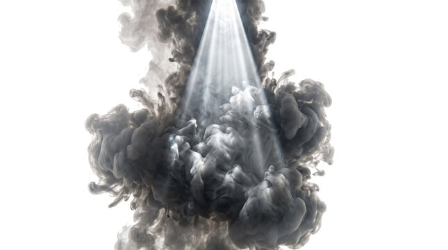 Swirling black ink cloud illuminated by a focused beam of ethereal light radiating through the dense dark smoke display captured in high resolution on transparent background