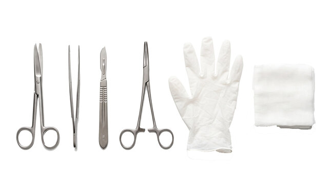 Stainless steel surgical instruments including scalpel tweezers scissors hemostat forceps alongside a protective latex medical glove and white sterile gauze pads isolated on transparent background