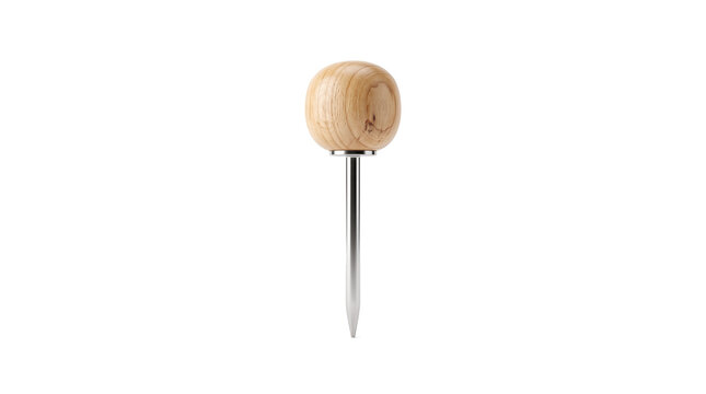 Minimalist pushpin featuring a rounded natural light brown wooden head attached to a sharp metallic steel needle point isolated and presented floating on transparent background.