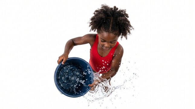 Top Down View of Black Child Splashing Water from Blue Bucket