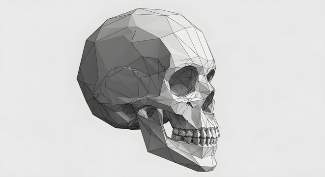 Low Poly Geometric Human Skull Artistic Illustration Featuring Intricate Polygonal Mesh Design for Modern Digital Art and Graphic Composition