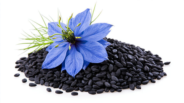 Black cumin seeds with a blue flower isolated on white background. Ideal for natural medicine and spice concepts.