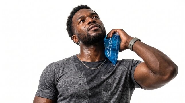 Black Man Holding Reusable Gel Ice Pack to Neck During Extreme Heat