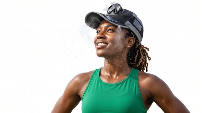 Athletic woman in green tank top and cap squinting in bright sunlight during outdoor workout