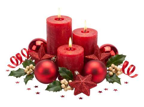 Red Christmas candles decoration isolated on transparent background