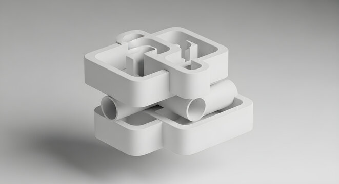Modern Abstract 3D Geometric Sculpture Composition Featuring Minimalist Interlocking White Structures and Cylindrical Forms for Contemporary Art Concept